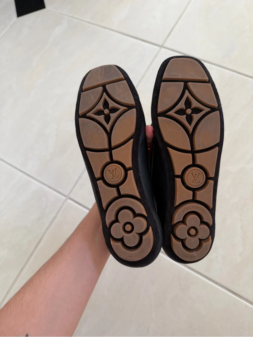 Louis Vuitton Black Leather Loafers with Gold Accent Hardware
